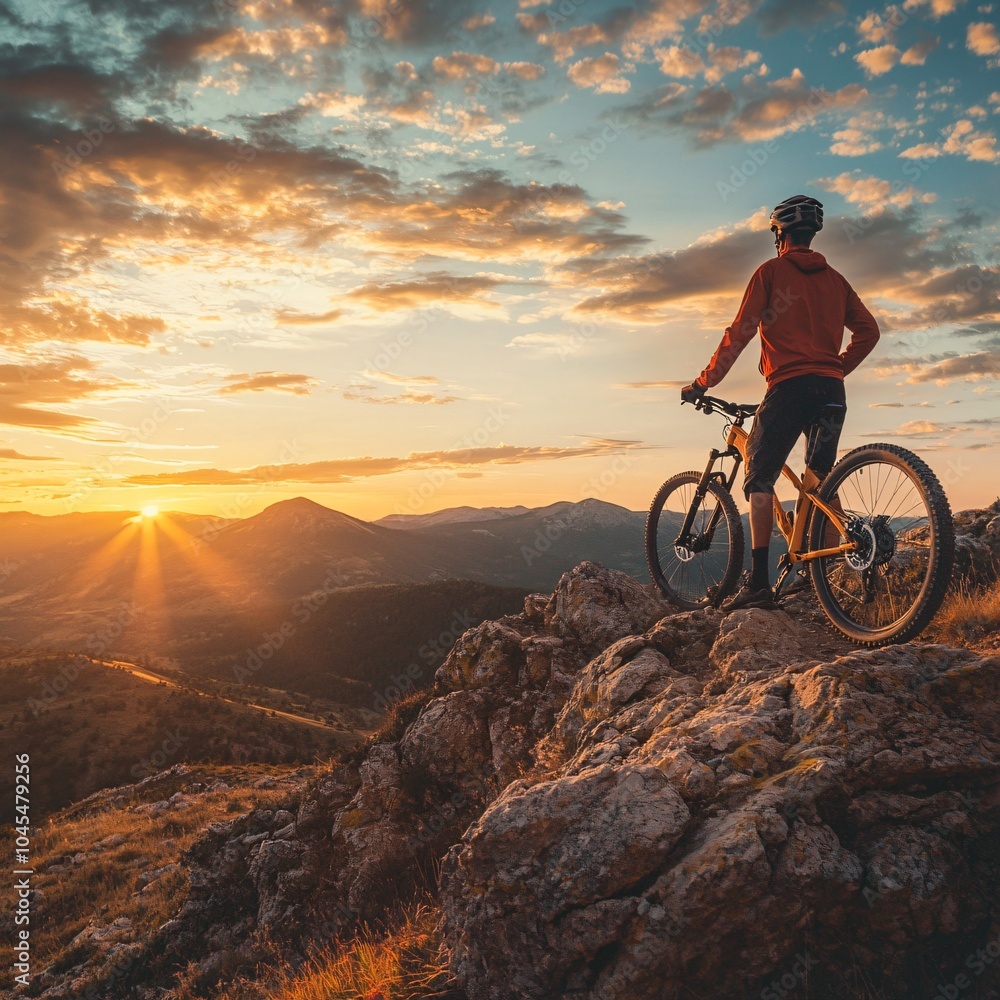 Fototapeta premium Breathtaking sunset adventure mountain biking in nature