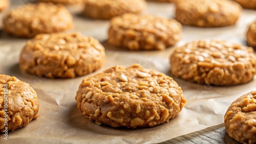 Close-up of freshly baked oatmeal cookies on parchment paper, showcasing their golden-brown color and nutty texture.