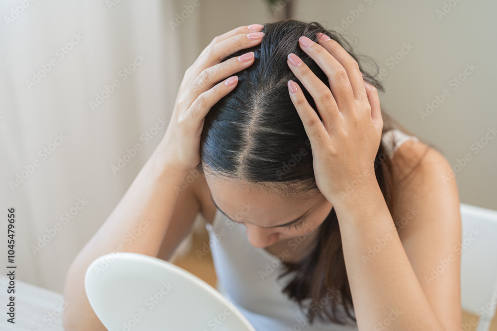 Damaged Hair symptom, face serious asian young woman, girl worry about balding, looking at scalp in mirror, hand in break into front hair loss, thin problem. Health care treatment for beauty concept. Damaged Hair symptom, face serious asian young woman, girl worry about balding, looking at scalp in mirror, hand in break into front hair loss, thin problem. Health care treatment for beauty concept.