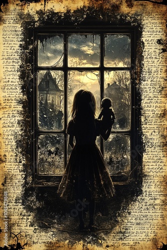 A haunting glimpse a young girl stares longingly through a dusty window holding a doll in a forgotten world of shadows and memories