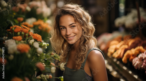 Beautiful woman florist in the flower's workshop