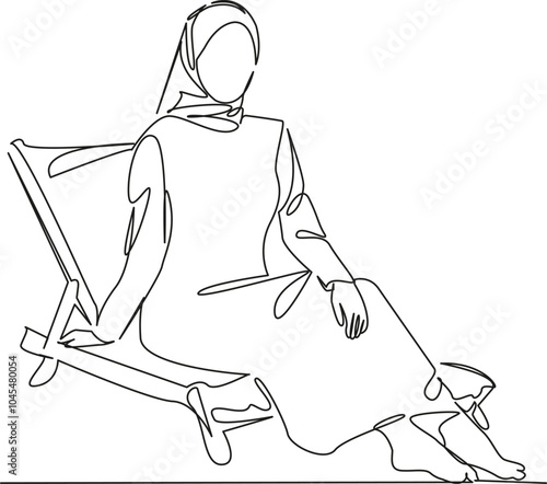 One continuous single drawing line art flat doodle person, girl, beach, sea, female, woman, lifestyle, summer, chaise lounge. Isolated image hand draw contour on a white background