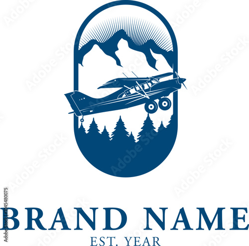 Air plane logo design with mountains and trees in the background.