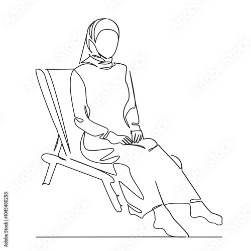 One continuous single drawing line art flat doodle muslim woman sitting in a sun lounger on the beach sunbathing modern islam. Isolated image hand draw contour on a white background