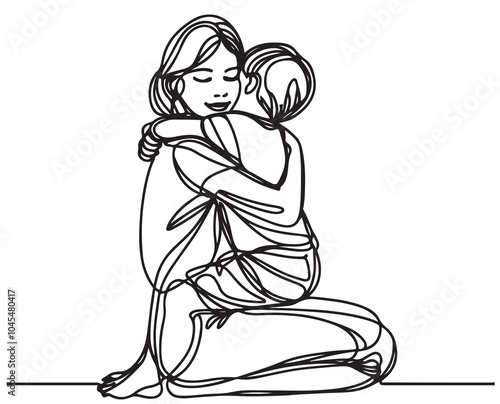 Mother and baby stylized vector symbol, mom hugs her child sketch