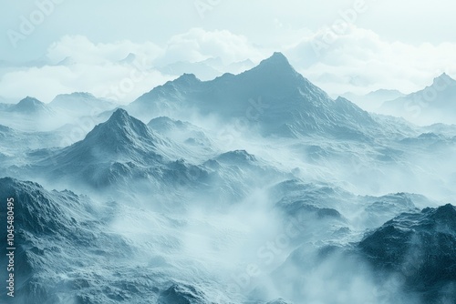 Misty Mountain Range with Fog and Clouds