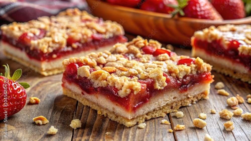 Freshly baked strawberry crumble bars, golden brown and bursting with fruity goodness, arranged on a rustic wooden table Freshly baked strawberry crumble bars, golden brown and bursting with fruity goodness, arranged on a rustic wooden table