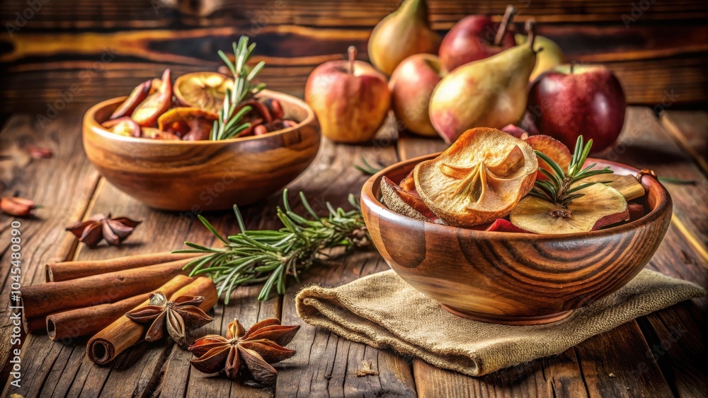 Dried Fruits and Spices Arranged in Rustic Wooden Bowls with Cinnamon Sticks and Star Anise Dried Fruits and Spices Arranged in Rustic Wooden Bowls with Cinnamon Sticks and Star Anise