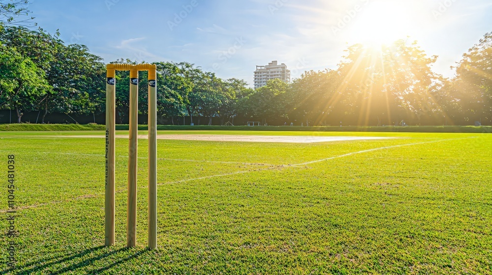 A set of cricket stumps stand on a grassy field with the sun shining in the background.