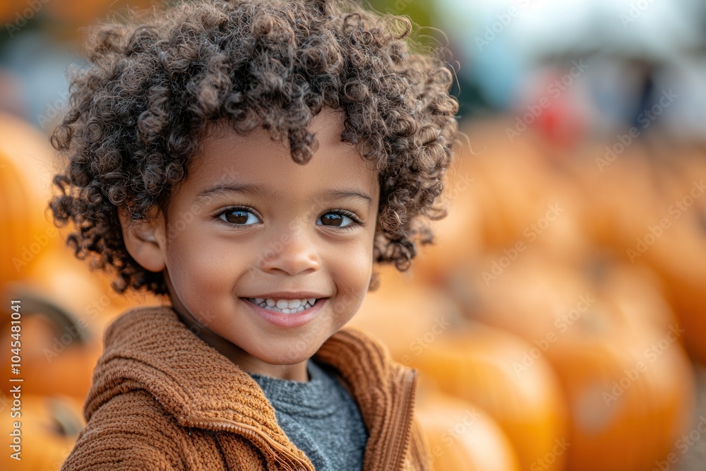 Smiling boy with curly hair standing in a pumpkin patch on a sunny day Generative AI Smiling boy with curly hair standing in a pumpkin patch on a sunny day Generative AI
