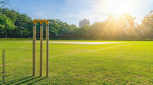 Obraz na płótnie A set of cricket stumps stand on a grassy field with the sun shining in the background. w salonie