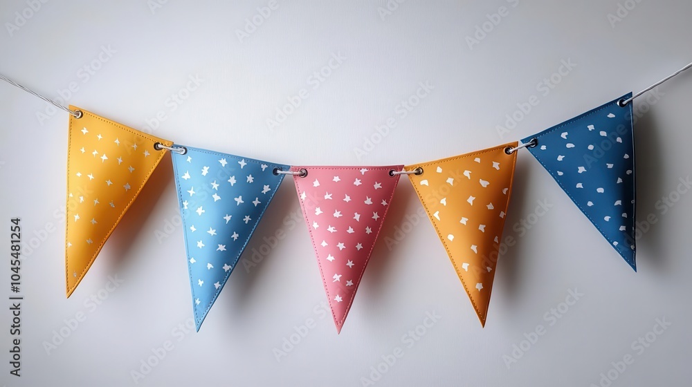 Fototapeta premium colorful party pennants hang vibrantly against a white backdrop creating a festive atmosphere perfect for celebrations and gatherings