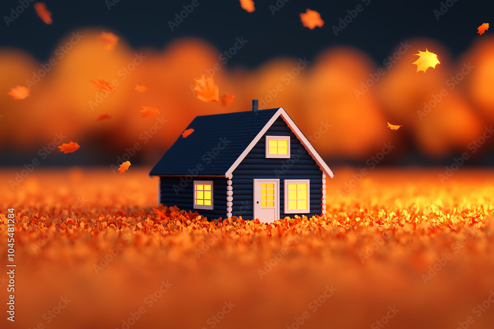 Miniature log cabin with golden leaves falling, warm light inside, 3D illustration Miniature log cabin with golden leaves falling, warm light inside, 3D illustration