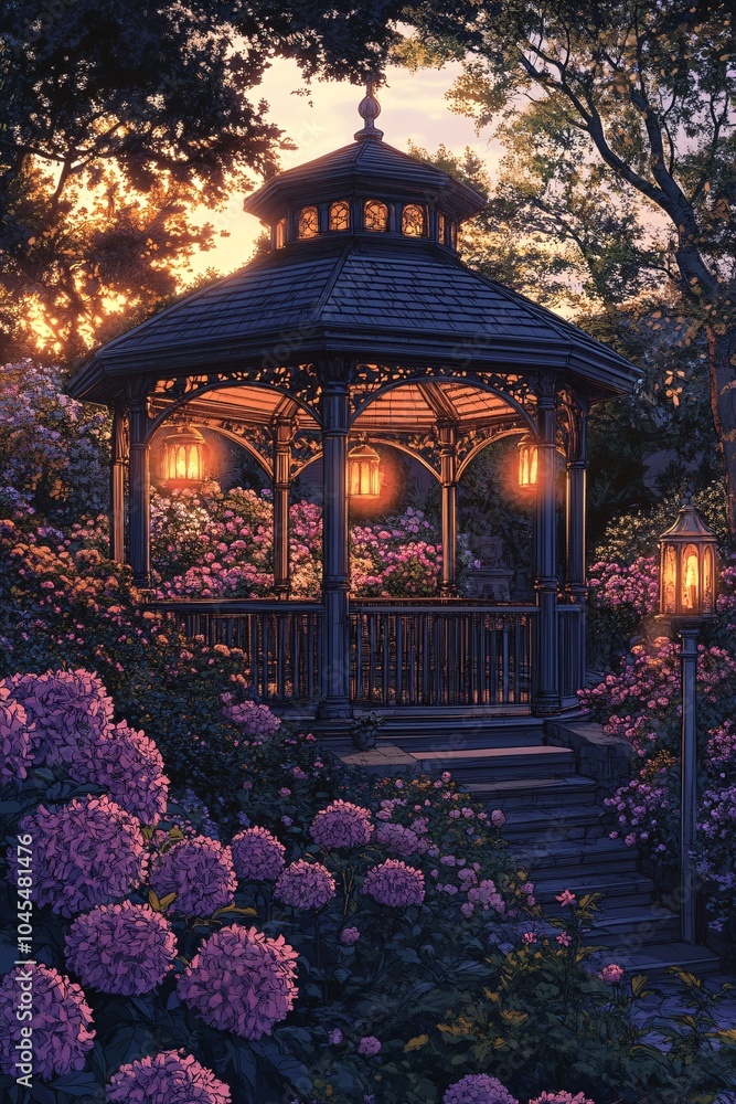 Fototapeta premium Enchanting sunset over a serene gazebo surrounded by vibrant hydrangeas in a picturesque garden setting