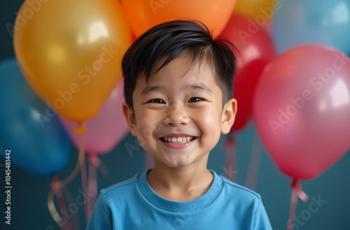 Portrait of happy asian boy with colorful balloons on blue background