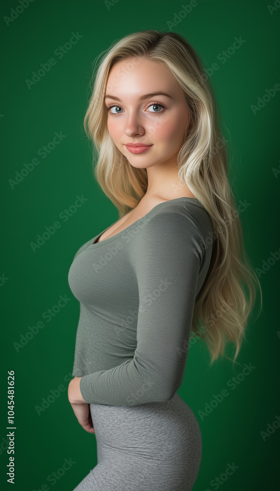 Blonde girl in grey top and grey leggings against green studio wall background Blonde girl in grey top and grey leggings against green studio wall background