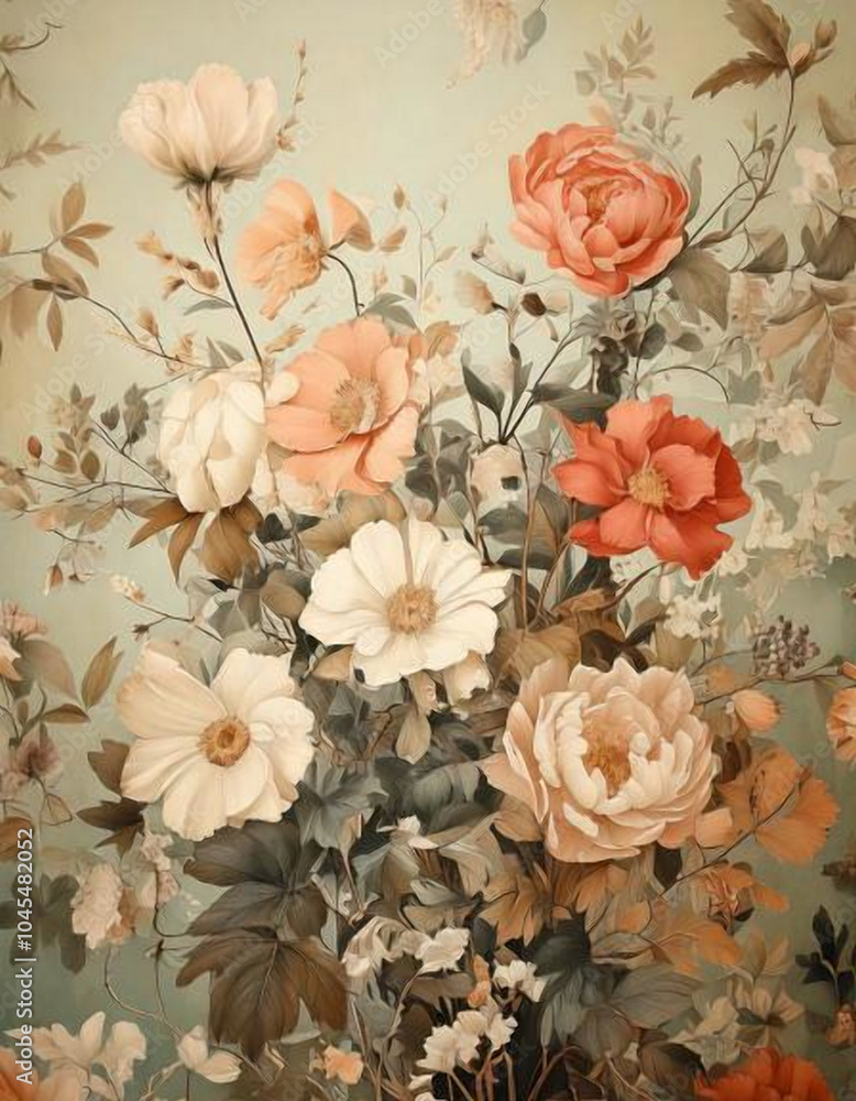 Fototapeta premium Muted Earthy Floral Wallpaper and Bed Sheet with Sage Green and Terracotta Tones – Rustic Interior Design