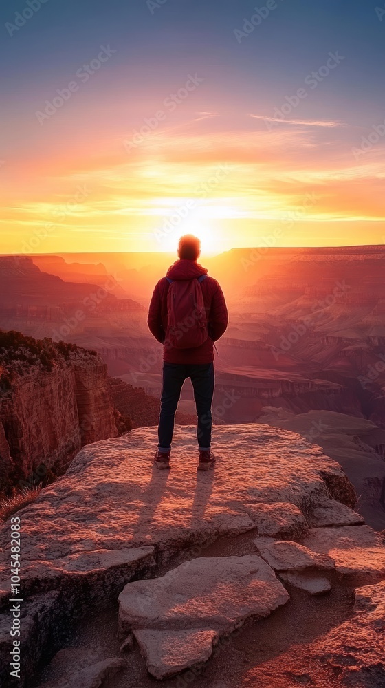 Hiker is enjoying the sunrise over the grand canyon national park Hiker is enjoying the sunrise over the grand canyon national park