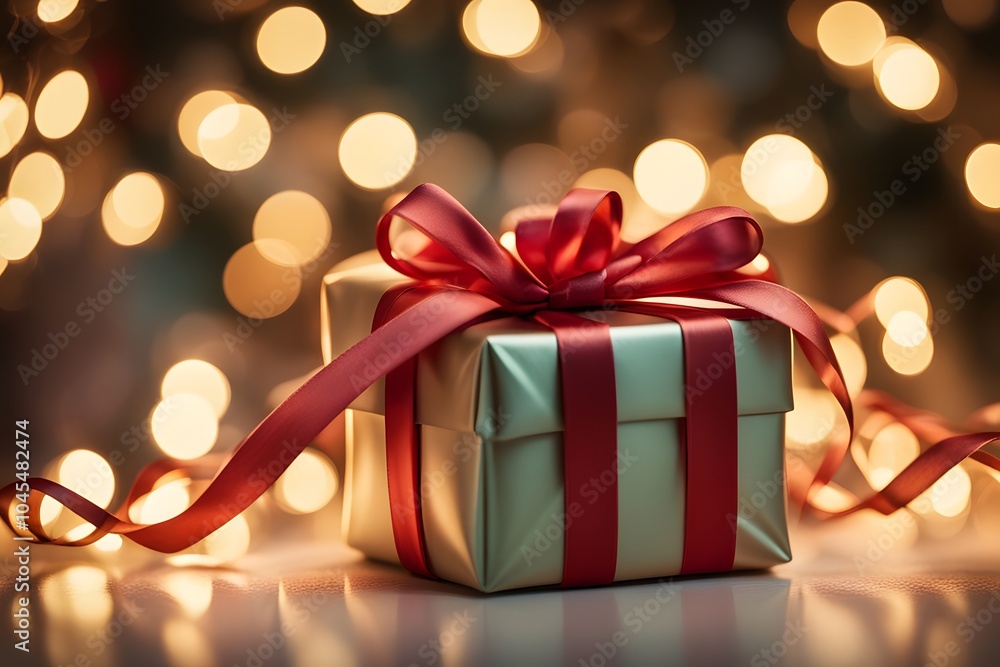 Close-up of a beautifully wrapped gift box tied with a satin ribbon under the glow of christmas, AI Generated Close-up of a beautifully wrapped gift box tied with a satin ribbon under the glow of christmas, AI Generated