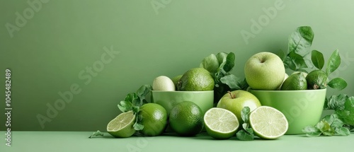 Fresh green fruits and herbs arranged in bowls, on a green background.