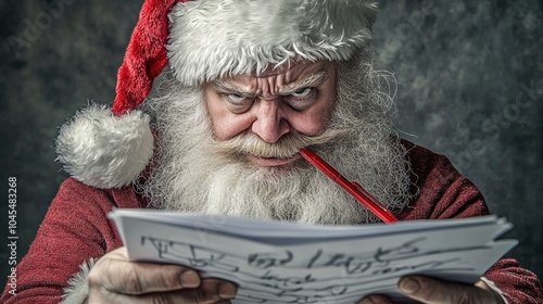Intense santa claus reviews his list with a determined gaze and a red pen in hand