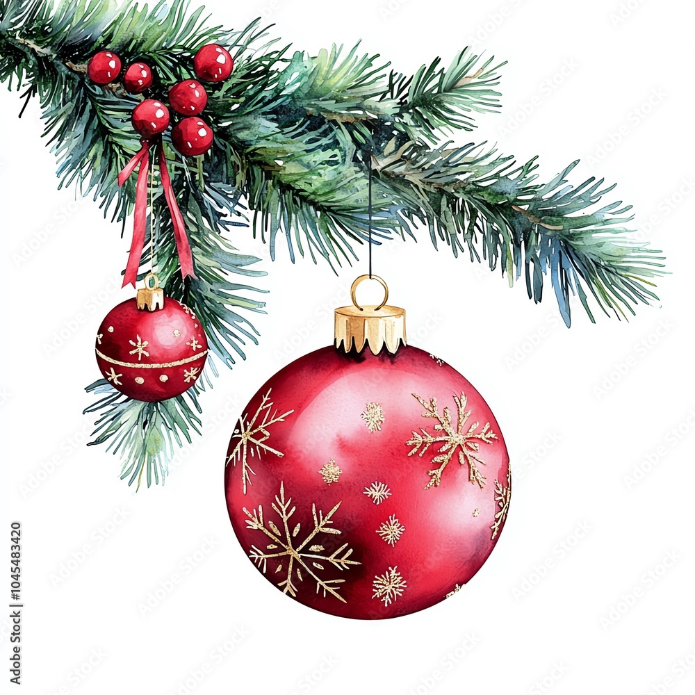 A festive image showcasing red Christmas ornaments hanging from a pine branch, adorned with snowflake designs and vibrant berries. A festive image showcasing red Christmas ornaments hanging from a pine branch, adorned with snowflake designs and vibrant berries.