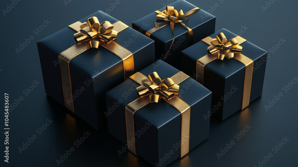 Black gift boxes placed on a dark background. An advertising poster Black gift boxes placed on a dark background. An advertising poster