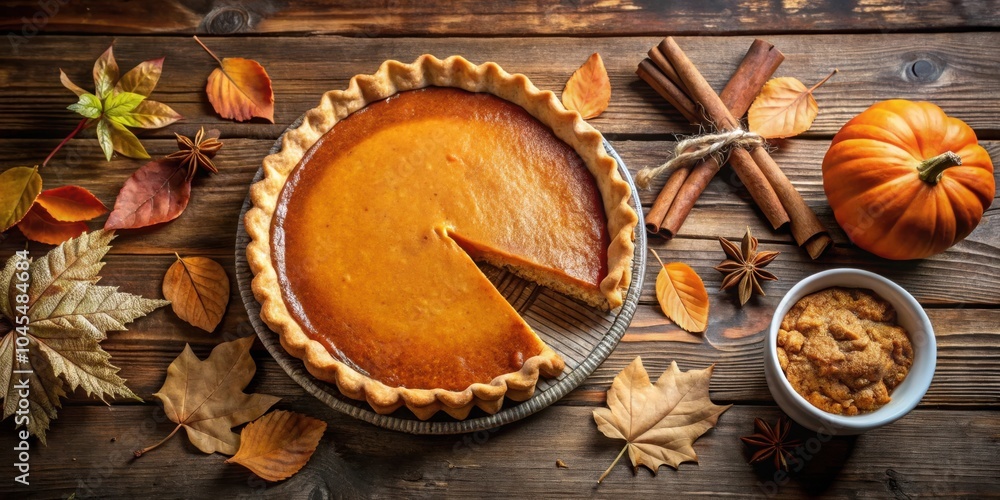 A slice of pumpkin pie, a symbol of autumn comfort, rests on a rustic wooden surface surrounded by fallen leaves, fragrant cinnamon sticks, and star anise, evoking the warmth of the season. A slice of pumpkin pie, a symbol of autumn comfort, rests on a rustic wooden surface surrounded by fallen leaves, fragrant cinnamon sticks, and star anise, evoking the warmth of the season.