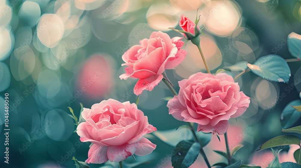 Close-up of three pink roses in bloom with a soft, blurred background. Close-up of three pink roses in bloom with a soft, blurred background.