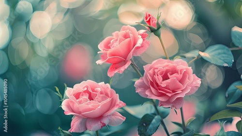 Close-up of three pink roses in bloom with a soft, blurred background.
