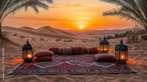 A desert oasis at sunrise with a colorful rug, cushions, and lanterns.