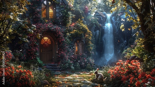 Enchanted Cottage by a Waterfall