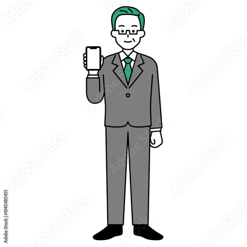 スマートフォンの画面を見せる中年のスーツの男性（全身）