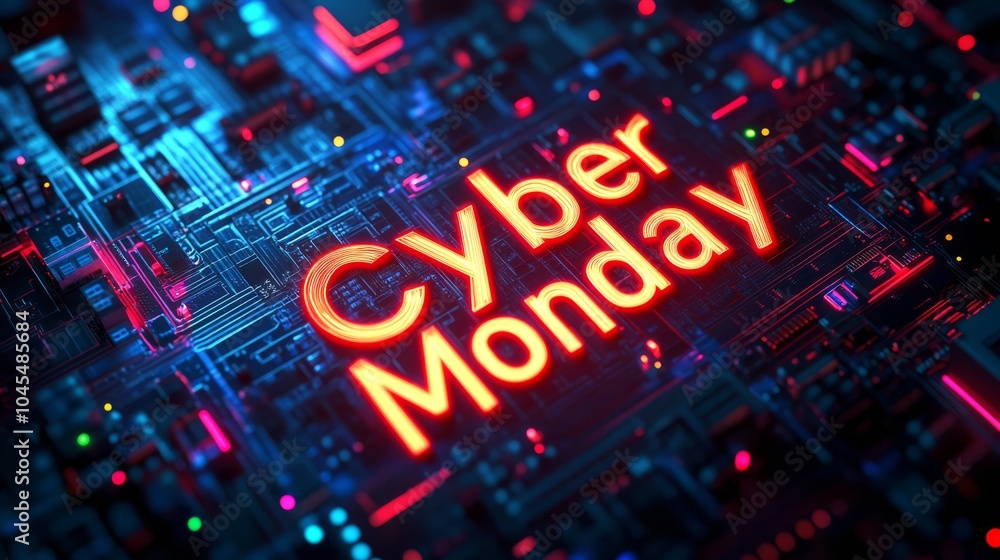 Cyber Monday poster. The Cyber Monday inscription is surrounded by the texture of a computer chip with lights Cyber Monday poster. The Cyber Monday inscription is surrounded by the texture of a computer chip with lights