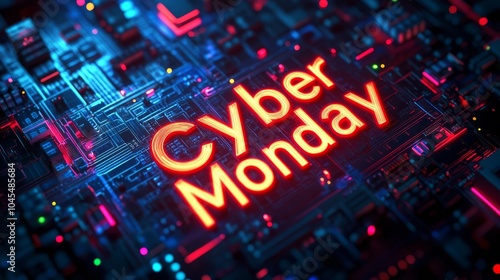 Cyber Monday poster. The Cyber Monday inscription is surrounded by the texture of a computer chip with lights