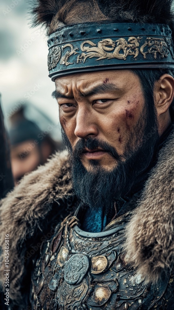 A brave Mongolian warrior in leather armor readies his curved sword for battle A brave Mongolian warrior in leather armor readies his curved sword for battle
