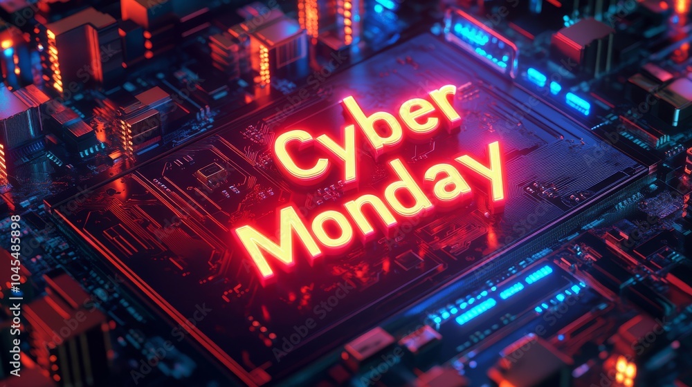 Cyber Monday poster. The Cyber Monday inscription is surrounded by the texture of a computer chip with lights Cyber Monday poster. The Cyber Monday inscription is surrounded by the texture of a computer chip with lights