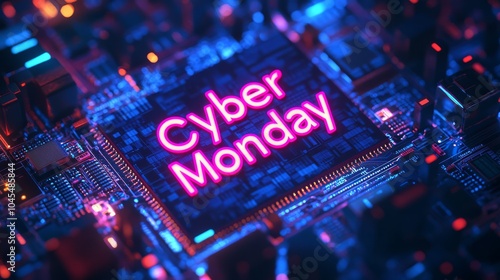 Cyber Monday poster. The Cyber Monday inscription is surrounded by the texture of a computer chip with lights