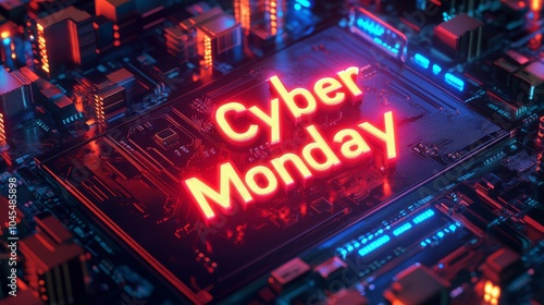 Cyber Monday poster. The Cyber Monday inscription is surrounded by the texture of a computer chip with lights photo