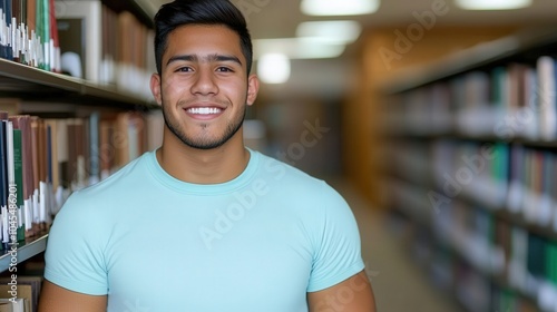 Happy Hispanic College Student in Library with Bookshelves