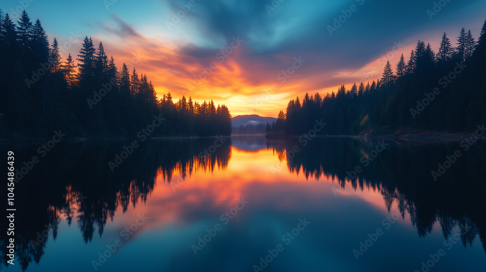 Fototapeta premium Lake at sunset with forest reflection