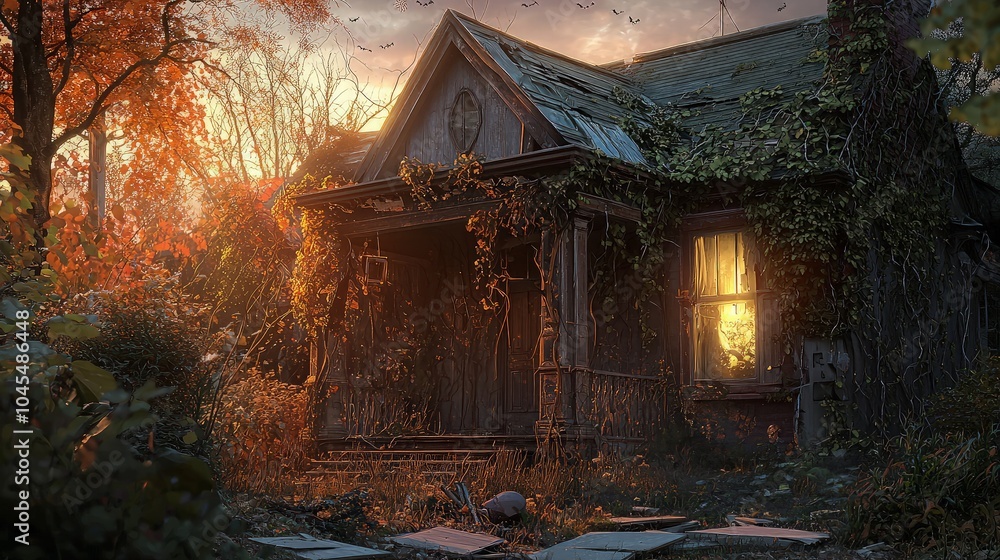 A dilapidated house with overgrown vines and a single lit window, bathed in the warm glow of the setting sun. A dilapidated house with overgrown vines and a single lit window, bathed in the warm glow of the setting sun.
