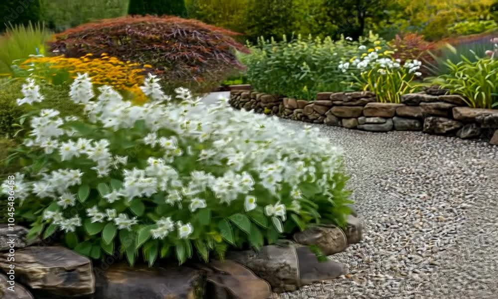A lush cluster of white flowers blooming beside stone borders in a vibrant garden. A lush cluster of white flowers blooming beside stone borders in a vibrant garden.