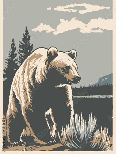 Close-up bear featuring a mountain and forest background in Canada, national park, vintage flat design, abstract silhouette, minimal color, 2D vector travel art