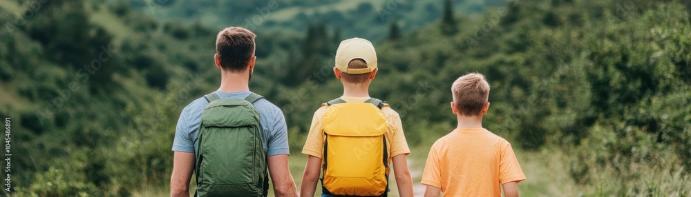 Fototapeta premium Family exercising on a scenic hiking trail, fitness gear, deep forest surroundings, fresh air and vitality, exercise in nature
