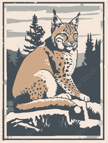 Close-up lynx poster sitting on a rock with mountains and pine trees in the background, national park, vintage flat design, abstract silhouette, minimal color, 2D vector travel art