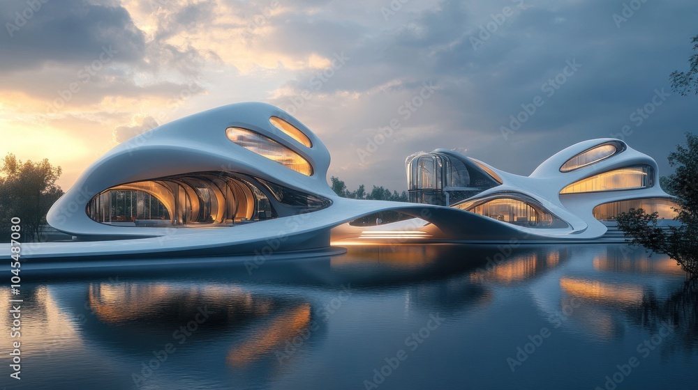 Obraz premium Futuristic architecture with bold geometric shapes, smooth surfaces, and eco-friendly design.