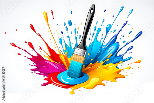 Illustration of Paint brush and colorful liquid splashing on white background.