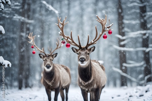 Wallpaper Mural Reindeer in a snowy forest their antlers decorated with christmas ornaments, Ai Generated Torontodigital.ca