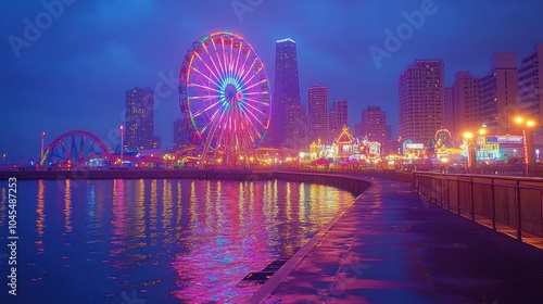 A Ferris wheel and amusement park lights illuminate the waterfront at night, with a city skyline in the background.